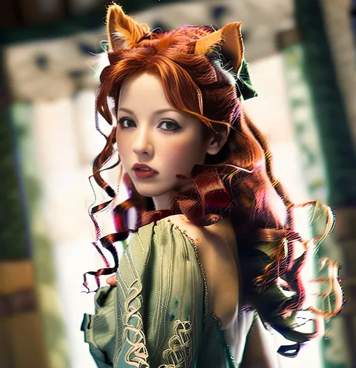 Prompt: Japanese illustration of a middle aged Celtic woman with cat ears and tail lips parted, long red curly hair, long flowing dress, detailed green eyes,  delicate, beautiful, artistic, diffused lighting, detailed Scottish background