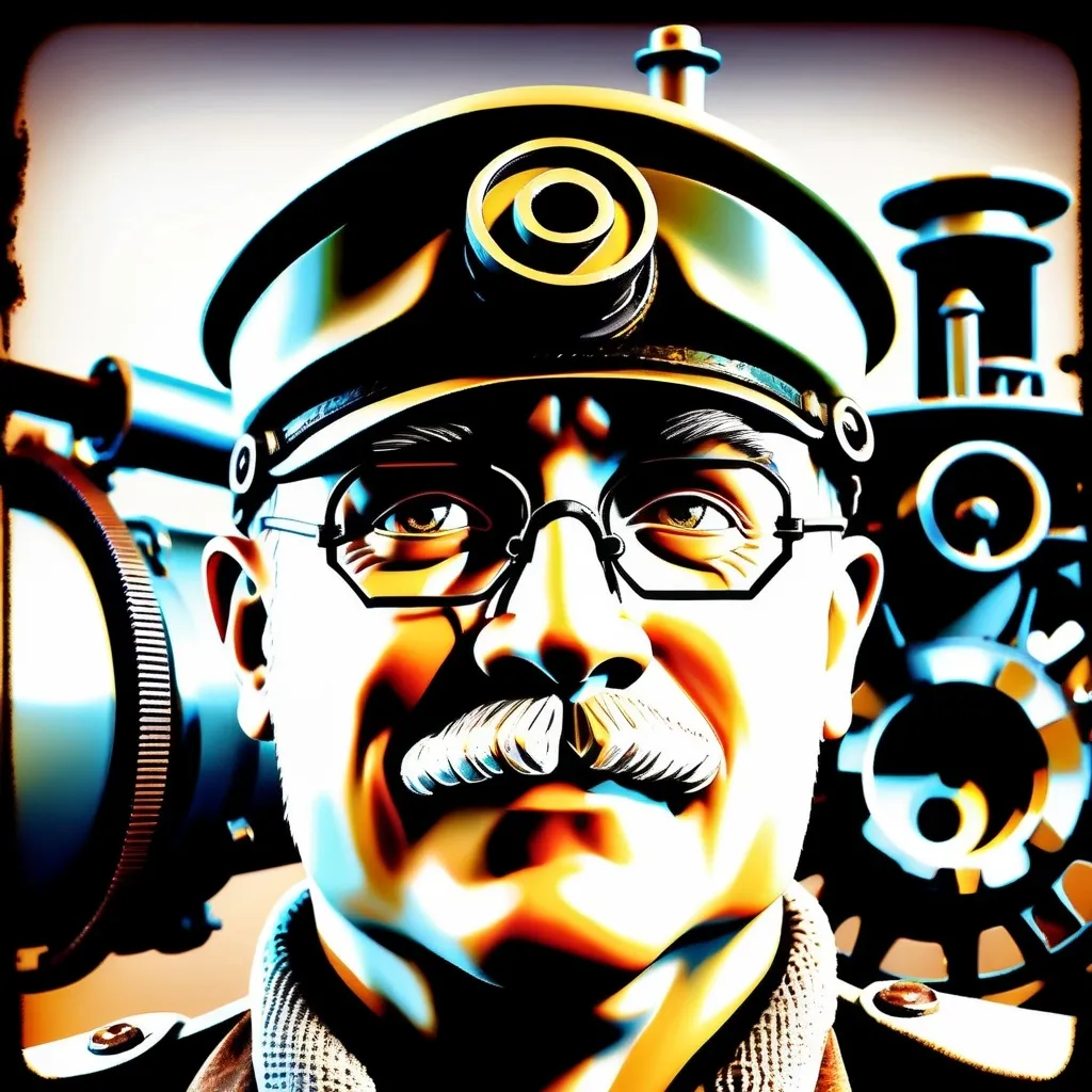 Prompt: (Humorous portrait), steampunk style, caricature drawing, black and white scheme, detailed facial features, expressive eyes, exaggerated pleasant smile, vintage military attire, quirky accessories, Iron gears and machinery in the background, cozy ambiance, ultra-detailed, engaging composition that blends humor and artistry, creating a captivating visual narrative.