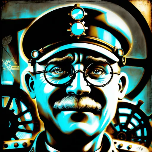 Prompt: (Humorous portrait), steampunk style, caricature drawing, black and white scheme, detailed facial features, expressive eyes, exaggerated pleasant smile, vintage military attire, quirky accessories, Iron gears and machinery in the background, cozy ambiance, ultra-detailed, engaging composition that blends humor and artistry, creating a captivating visual narrative.