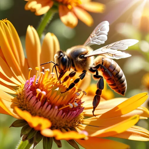 Prompt: Close up (Honey bee sipping nectar on a flower, all six legs visible), intricate wing details, nature, summer vibes, warm color scheme, photorealism, crisp focus, ultra-detailed, high-definition, 4K, vibrant colors, sunlight filtering through, blooming flowers in the background, tranquil atmosphere, vivid yellow, orange, and green tones, cinematic depth, breathtaking natural beauty.