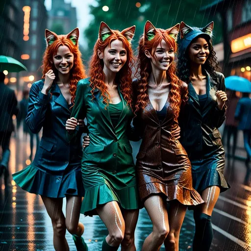 Prompt: <mymodel> women dancing on a city street in the rain with friends, detailed human facial anatomy, detailed background, natural lighting, highres, professional
