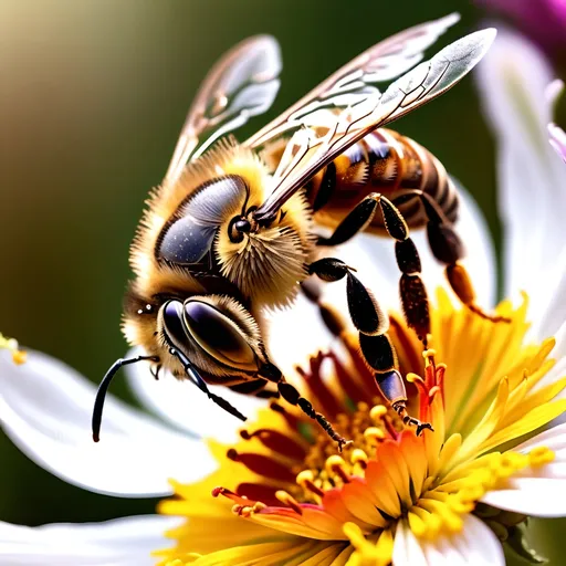 Prompt: (Close up Honey bee walking on a flower rear legs full of pollen),  intricate wing details, nature, summer vibes, high-definition, ultra-detailed,  crisp focus, 4K.