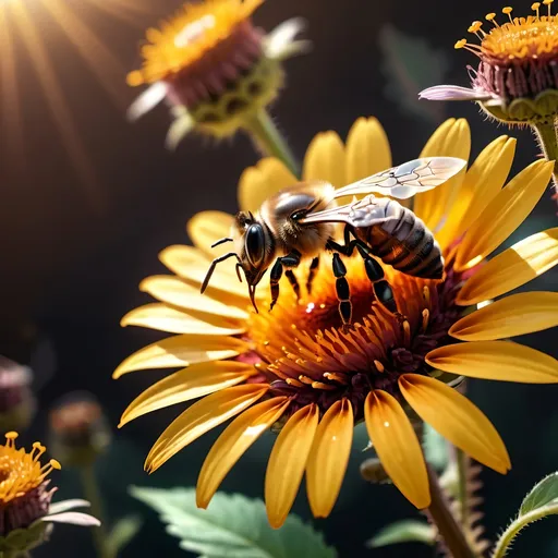 Prompt: Close up (Honey bee sipping nectar on a flower, all six legs visible), intricate wing details, photorealism, nature, dark steampunk artstyle, summer vibes, warm color scheme, vibrant, high-depth color tones, ultra-detailed, HD, 4K, crisp focus, atmospheric, intricate floral background with steampunk elements, metallic textures, gears and cogs intertwined with nature, soft sunlight filtering through, cinematic lighting, dramatic shadows, immersive and captivating scene.