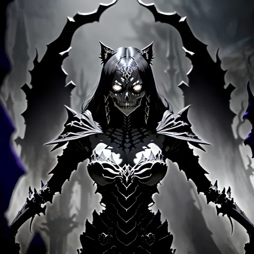 Prompt: skeletal bone Queen, dark color scheme, (fantasy RPG style), mysterious atmosphere, eerie background, intricate detailed armor, feline features woven into the design, dynamic pose, shadows and highlights emphasizing depth, high-adrenaline scene, (4K), ultra-detailed, magical aura surrounding the character, enchanting yet ominous vignette, dramatic composition.