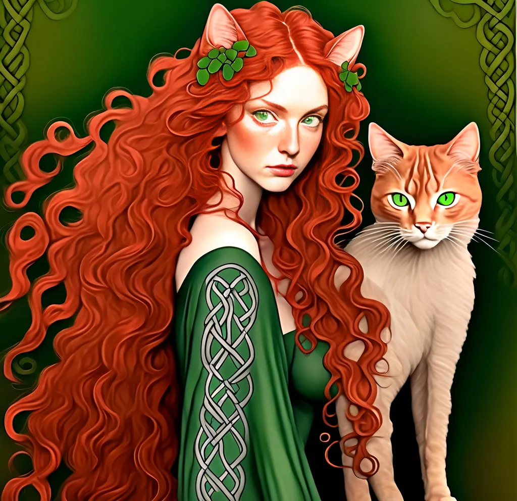 Prompt: Japanese ink illustration of a Celtic woman with cat ears and tail, long red curly hair, detailed green eyes, detailed skin texture, full body view, delicate, diffused lighting, beautiful, artistic, detailed, fantasy style Celtic background, long hair, detailed eyes, full-body, elegant, ethereal, soft lighting