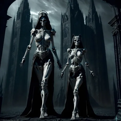 Prompt: skeletal bone Queen, dark color scheme, (fantasy RPG style), mysterious atmosphere, eerie background, intricate detailed armor, feline features woven into the design, dynamic pose, shadows and highlights emphasizing depth, high-adrenaline scene, (4K), ultra-detailed, magical aura surrounding the character, enchanting yet ominous vignette, dramatic composition.