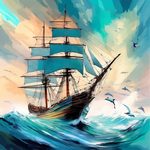 Prompt: oil painting, natural color scheme, (three masted sailing ship body made out of glass), (traveling swiftly) on a (realistic ocean), (sails full of wind), (dolphins breaching) in front of the bow, serene atmosphere, nature-inspired, fluid and dynamic scene, delicate brush strokes, soft light filtering through, emphasizing tranquility and adventure, ultra-detailed, high-definition.