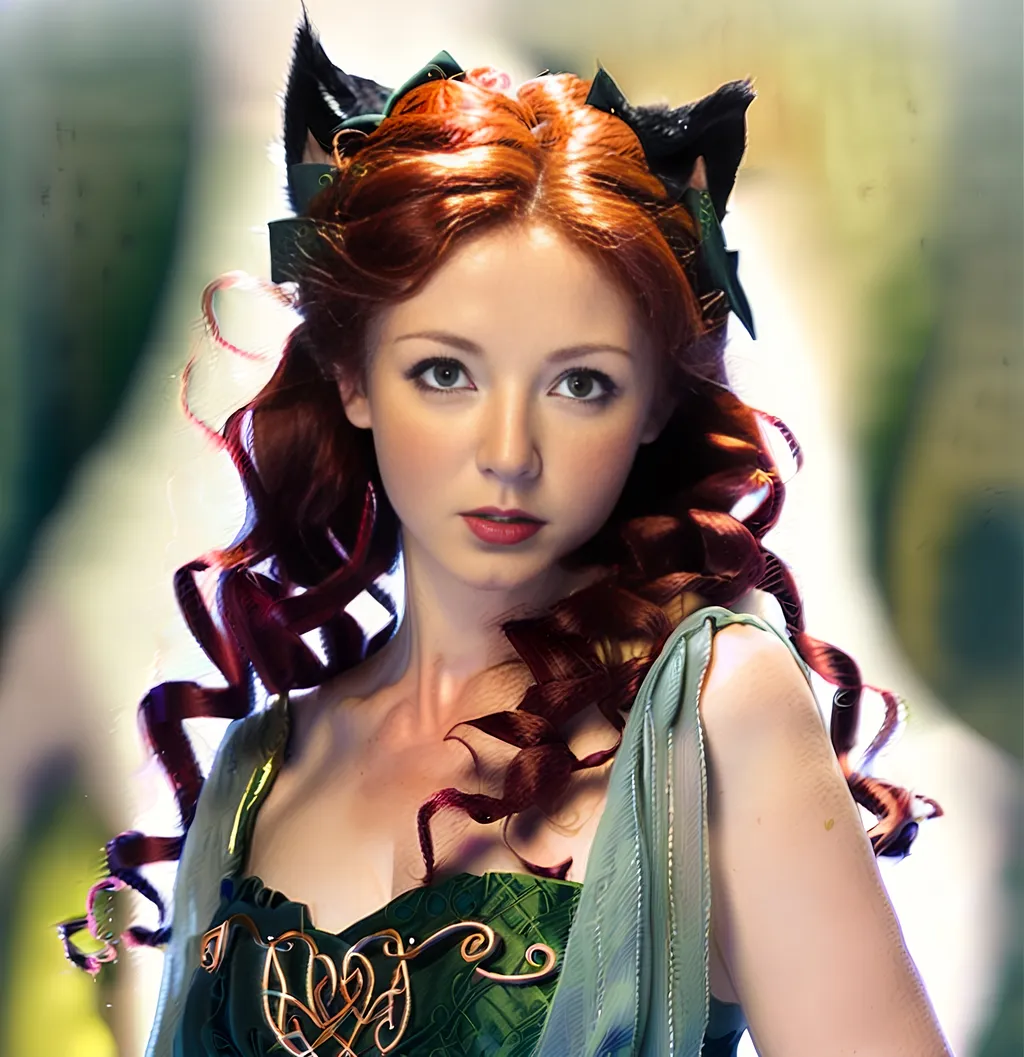 Prompt: Japanese illustration of Celtic woman  in her 40's with cat ears and tail lips parted, long red curly hair, long flowing dress, detailed green eyes,  delicate, beautiful, artistic, diffused lighting, detailed Scottish background