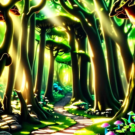 Prompt: (photorealistic style), lush Hyrule, vibrant warm colors, enchanting atmosphere, sunlight filtering through dense foliage, soft glowing mushrooms, serene winding path, magical fauna, mystical creatures peeking from behind trees, deep green foliage with golden highlights, ultra-detailed, immersive landscape, tranquil ambiance, adventurous spirit, ideal for storytelling backgrounds.