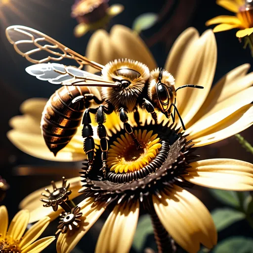 Prompt: (Steampunk Honey bee sipping nectar on a flower, all six legs visible), dark steampunk artstyle,  HD, 4K, crisp focus, atmospheric, intricate floral background with steampunk elements, metallic textures, gears and cogs intertwined with nature, soft sunlight filtering through, cinematic lighting, dramatic shadows, immersive and captivating scene.