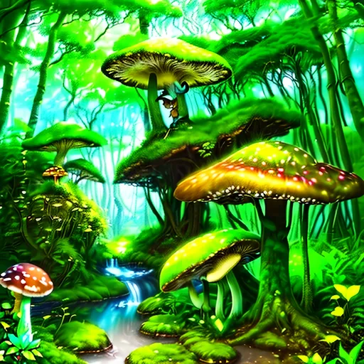 Prompt: (photorealistic style), lush Hyrule, vibrant warm colors, enchanting atmosphere, sunlight filtering through dense foliage, soft glowing mushrooms, serene winding path, magical fauna, mystical creatures peeking from behind trees, deep green foliage with golden highlights, ultra-detailed, immersive landscape, tranquil ambiance, adventurous spirit, ideal for storytelling backgrounds.