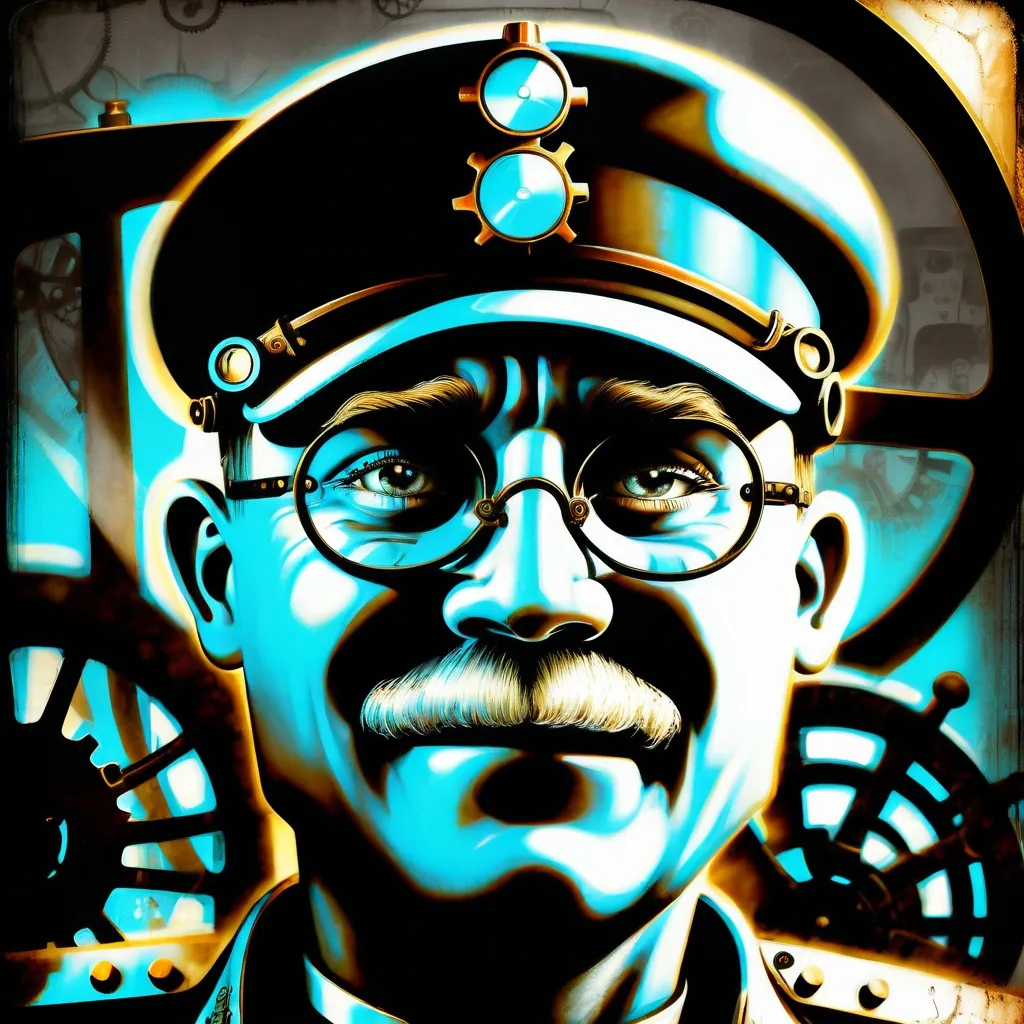 Prompt: (Humorous portrait), steampunk style, caricature drawing, black and white scheme, detailed facial features, expressive eyes, exaggerated pleasant smile, vintage military attire, quirky accessories, Iron gears and machinery in the background, cozy ambiance, ultra-detailed, engaging composition that blends humor and artistry, creating a captivating visual narrative.