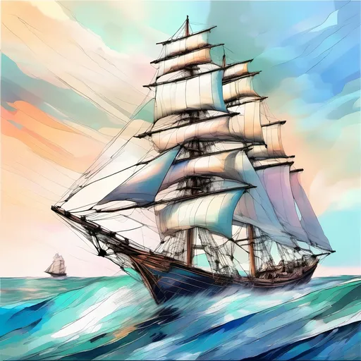 Prompt: oil painting, natural color scheme, (three masted sailing ship body made out of glass), (traveling swiftly) on a (realistic ocean), (sails full of wind), (dolphins breaching) in front of the bow, serene atmosphere, nature-inspired, fluid and dynamic scene, delicate brush strokes, soft light filtering through, emphasizing tranquility and adventure, ultra-detailed, high-definition.