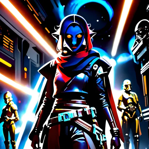 Prompt: anime style, (dark color scheme), outlaw characters from Star Wars, unique poses, rebellious vibes, high-contrast shadows, moody atmosphere, intricate details in character design, dynamic expressions, depth in lighting, (vibrant highlights), ultra-detailed artwork, dramatic ambiance, sci-fi elements, thematic background reflecting a galactic setting.