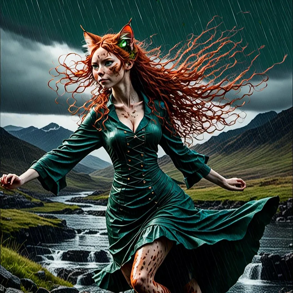 Prompt: <mymodel> highly detailed young woman dancing in the Scottish highlands during a rain storm
 
