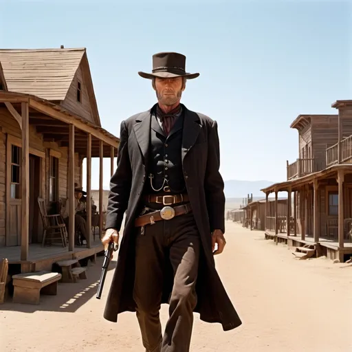 Prompt: Clint Eastwood as Johnna Hex
Old West Scene, Gunfight at High Noon, Wild West Town, Train on the Horizon  