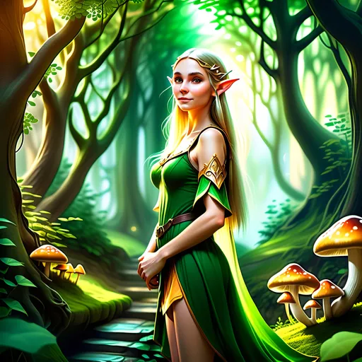 Prompt: (photorealistic style),Elf woman in lush Hyrule, vibrant warm colors, enchanting atmosphere, sunlight filtering through dense foliage, soft glowing mushrooms, serene winding path, magical fauna, mystical creatures peeking from behind trees, deep green foliage with golden highlights, ultra-detailed, immersive landscape, tranquil ambiance, adventurous spirit, ideal for storytelling backgrounds.