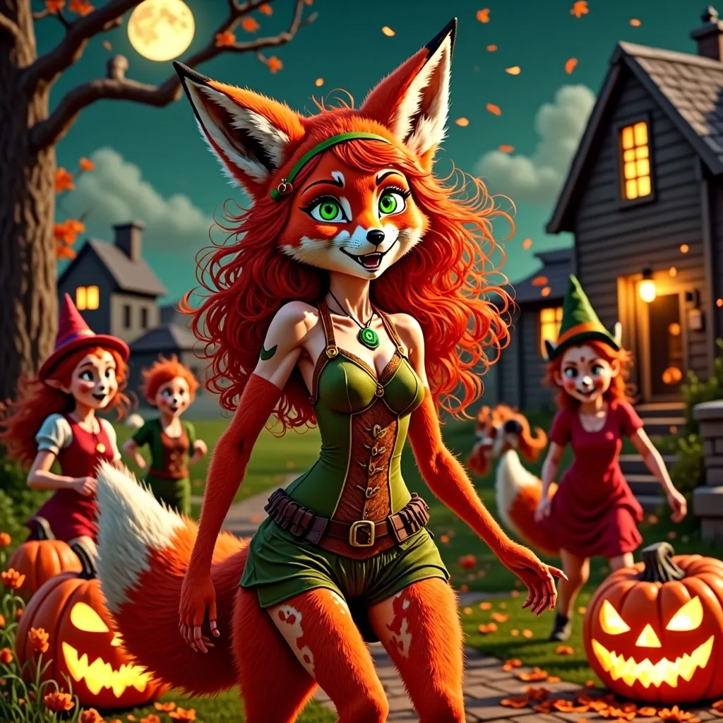 Prompt: Red Foxy character, dressed for Halloween, surrounded by excited neighborhood kids, joyfully trick-or-treating, festive costumes, glowing jack-o’-lanterns, spooky atmosphere, moonlit night sky, autumn leaves, playful expressions, high quality, ultra-detailed, engaging and cheerful vibe.