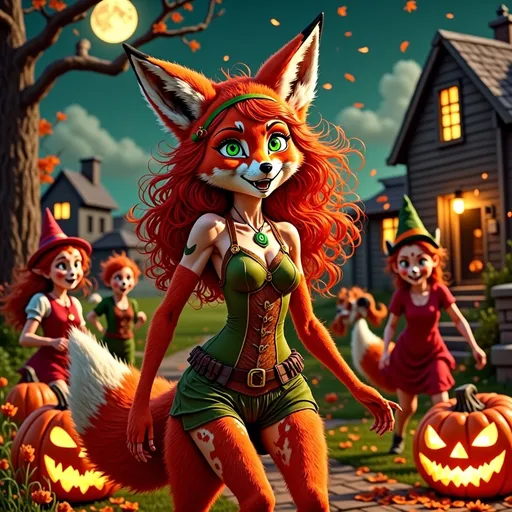 Prompt: Red Foxy character, dressed for Halloween, surrounded by excited neighborhood kids, joyfully trick-or-treating, festive costumes, glowing jack-o’-lanterns, spooky atmosphere, moonlit night sky, autumn leaves, playful expressions, high quality, ultra-detailed, engaging and cheerful vibe.