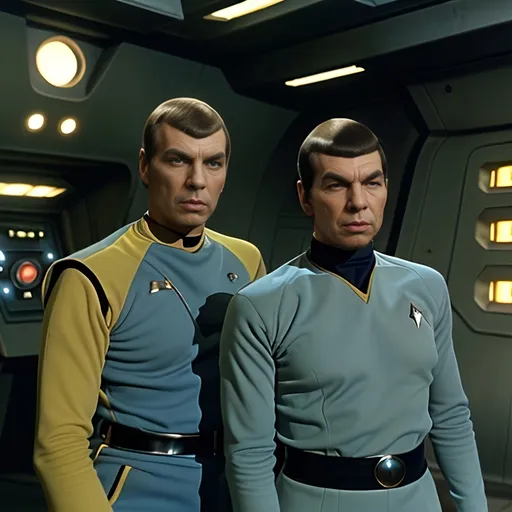 Prompt: (futuristic sci-fi scene), Spock in striking blue and black attire, detailed facial features, Kirk in vibrant yellow and black uniform, standing confidently, (high-tech Bridge of the Enterprise) with glowing controls, luminous screens, atmospheric lighting, sleek design, dynamic expressions, (ultra-detailed) background, emotion of adventure, (vibrant color scheme), visually immersive and fantastical elements, high energy ambiance.