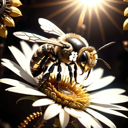 Prompt: (Steampunk Honey bee sipping nectar on a flower, all six legs visible), dark steampunk artstyle,  HD, 4K, crisp focus, atmospheric, intricate floral background with steampunk elements, metallic textures, gears and cogs intertwined with nature, soft sunlight filtering through, cinematic lighting, dramatic shadows, immersive and captivating scene.