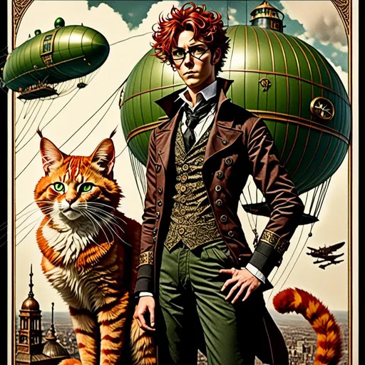 Prompt: <mymodel>high quality vintage lithograph, Full body view of Rugged Man with human face with goggles and cat ears, Dirigible Advertisement, matching cat ears to hair color, extremely detailed, intricate clothing, intricate, historical, detailed hair, detailed Blimp in background, artstyle-steampunk, detailed eyes, atmospheric lighting, vintage