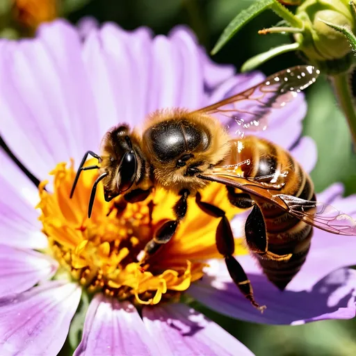 Prompt: (Close up Honey bee sipping nectar on a flower all six legs visible),  intricate wing details, nature, summer vibes, high-definition, ultra-detailed,  crisp focus, 4K.