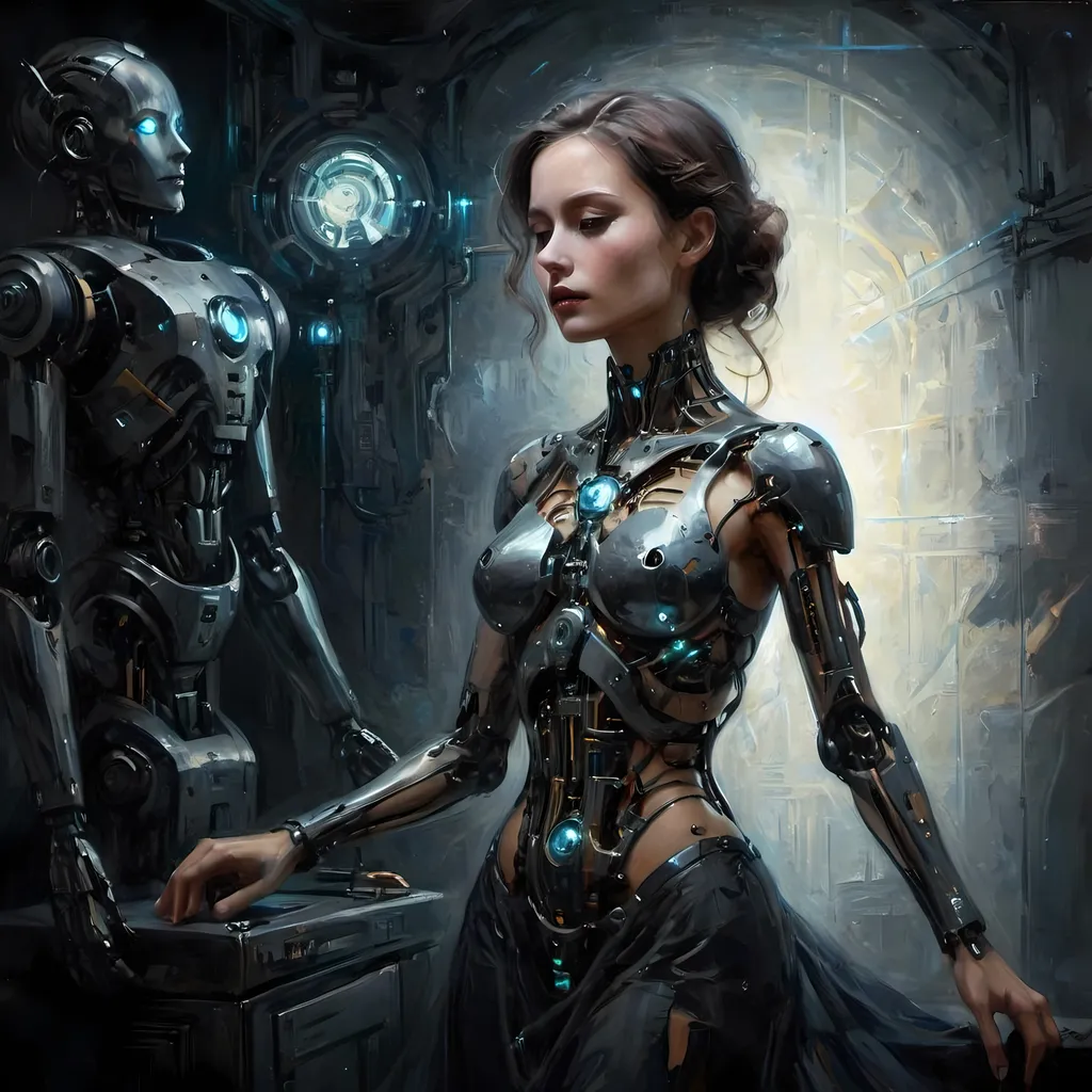 Prompt: (Robotic Cybernetic Woman), surrealism style, dark color scheme, gossamer dress, dramatic lighting with glow effect, radiant light behind her illuminating silhouette, intricate mechanical details, dreamlike atmosphere, crisp contrasts, high depth, ultra-detailed, mysterious and captivating vibe, ethereal presence, hauntingly beautiful, evocative imagery, enchanting subtleties in fabric texture, unsettling yet mesmerizing composition.