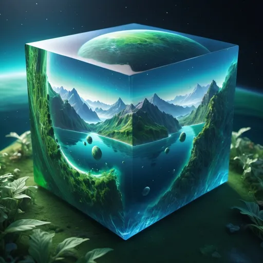 Prompt: (realistic style), (cube of a planet in space), highly detailed representation, vibrant water textures, ethereal atmosphere, majestic mountains, lush greenery, cool color scheme, serene and tranquil vibes, intricately rendered features, deep ocean blues and gentle greens, atmospheric details that evoke awe and wonder, ultra-detailed, 4K quality, captivating visual experience, immersive and enchanting.