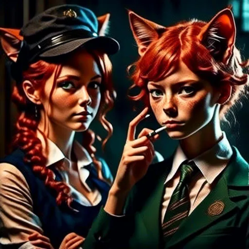 Prompt: <mymodel>Faded colors Old WWI Style Commercial smoking with with friends, detailed human facial anatomy, Cat ears Match Hair Color,  detailed background, faded colors, highres, professional
