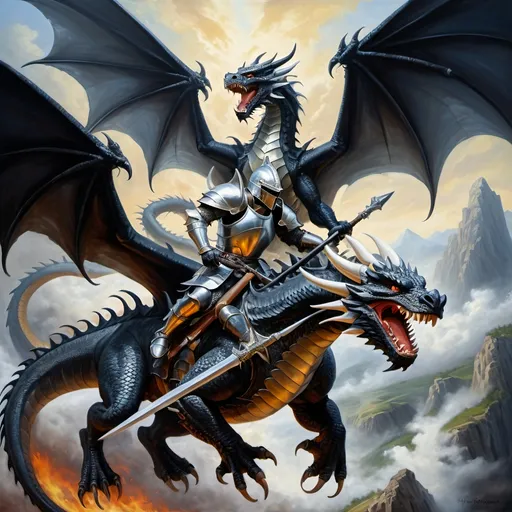 Prompt: Black Dragons and white Dragons in arial combat, Dragon riders in armor with spears while riding the dragons, fierce expressions, mythical landscapes, high fantasy, Dragon riders, Chivalric Knights, in realistic oil painting, flying through the sky in combat, majestic dragons  mythical landscapes, high fantasy, oil painting, vibrant colors, epic scale, detailed armor, stunning face, atmospheric lighting, professional, highres, fantasy, oil painting, ethereal, fierce expression, varied colors, high fantasy