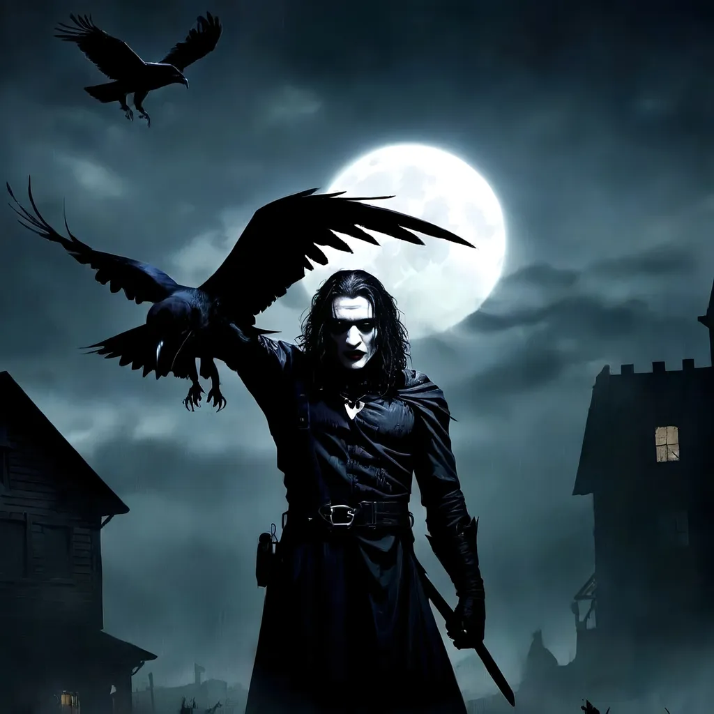 Prompt: (misc-macabre style), dark color scheme, (The Crow) movie character, haunting atmosphere, somber lighting, intricate details, dramatic shadows, urban background, mysterious mood, deep blues, stark blacks, intense contrasts, surreal elements, gothic aesthetics, ultra-detailed, cinematic quality, evoking feelings of melancholy and intrigue.