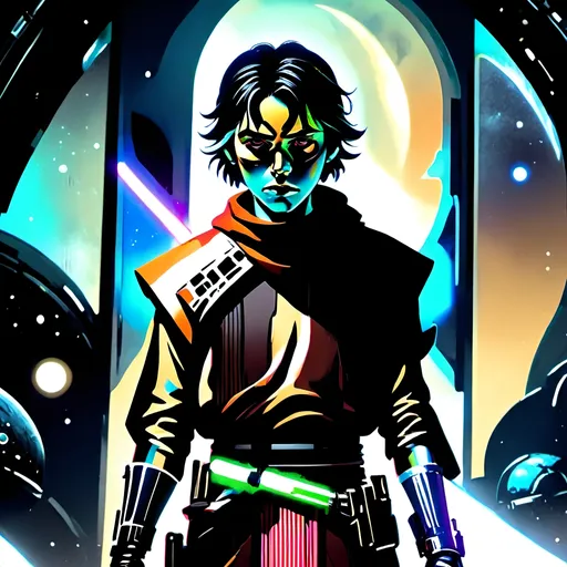 Prompt: anime style, (dark color scheme), outlaw characters from Star Wars, unique poses, rebellious vibes, high-contrast shadows, moody atmosphere, intricate details in character design, dynamic expressions, depth in lighting, (vibrant highlights), ultra-detailed artwork, dramatic ambiance, sci-fi elements, thematic background reflecting a galactic setting.