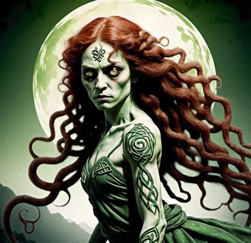 Prompt: Full Color Fantasy Japanese illustration of a Celtic Zombie withand tail, long red curly hair, detailed green eyes, detailed skin texture, full body view, delicate, diffused lighting, beautiful, artistic, detailed, fantasy style Celtic background, long hair, detailed eyes, full-body, elegant, ethereal, soft lighting