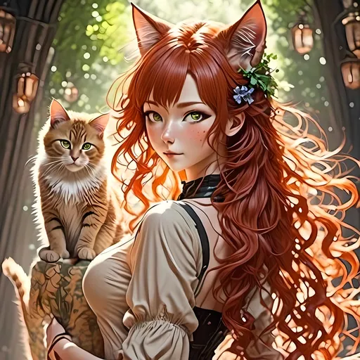 Prompt: <mymodel> Anime-style image of an older cat-eared woman),back facing camera (red hair), (detailed eyes), (alluring pose), looking back mouth open, (bright lighting), warm color scheme, (high resolution), (sensual), (detailed hair), fantasy elements, mesmerizing, captivating atmosphere, ultra-detailed, whimsical background, enchanting ambiance.