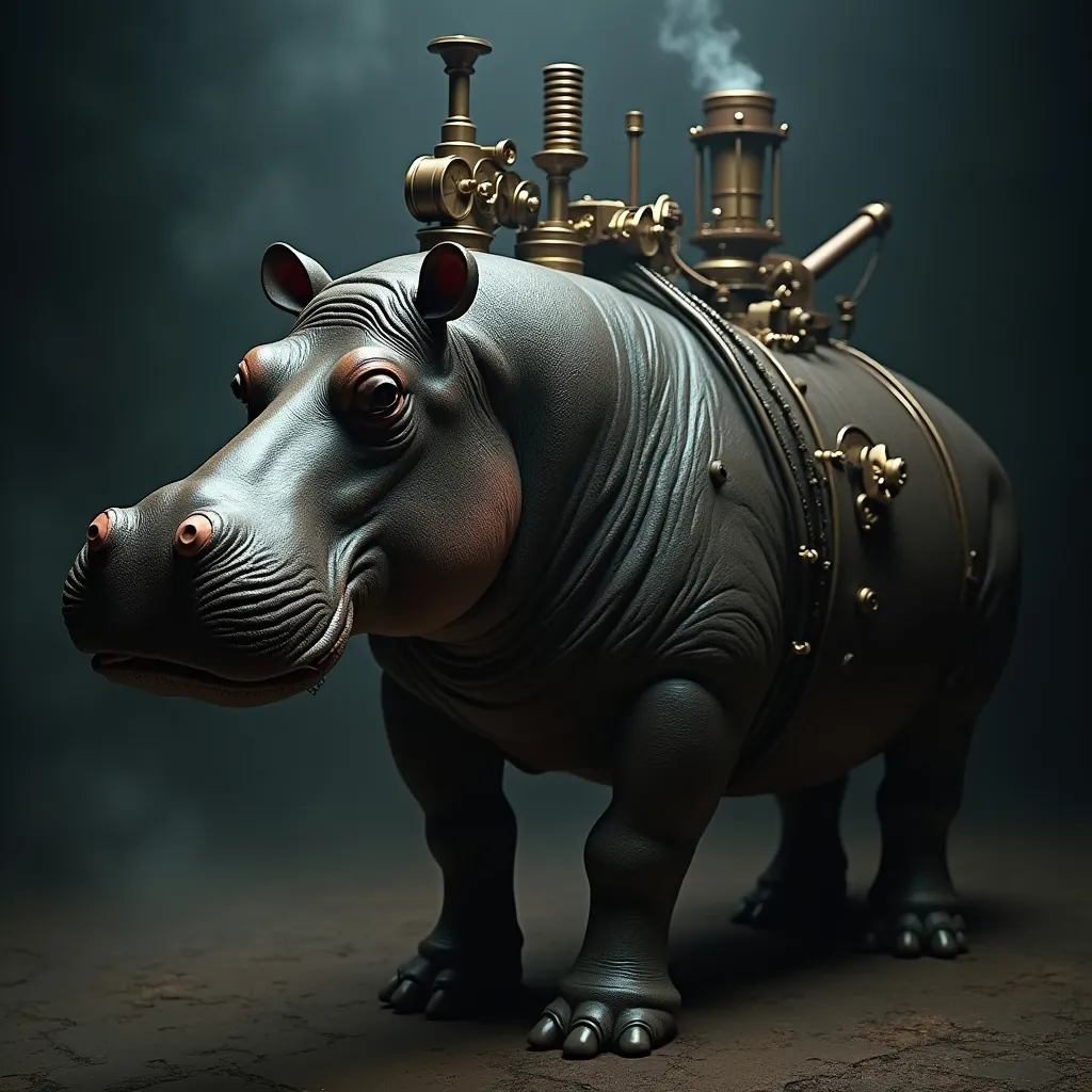 Prompt: Steam powered Anthro hippopotamus, (intricate details), (mechanical elements), dark color scheme, aged metal textures, eerie ambiance, Victorian design influences, haunting atmosphere, dramatic lighting, smoky background, high contrast shadows, ultra-detailed, masterful craftsmanship, surreal elements blended with industrial aesthetics, dark and whimsical.