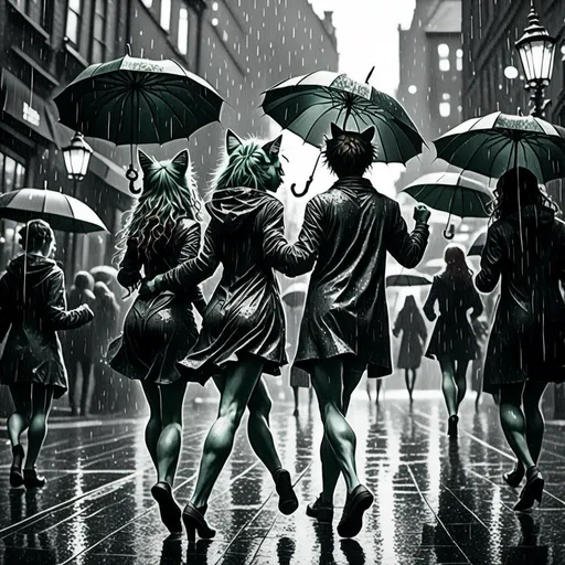 Prompt: <mymodel>black and white, dancing 
 on a city street in the rain with friends, detailed anatomy, wearing a tunic, detailed, natural lighting, highres, professional
