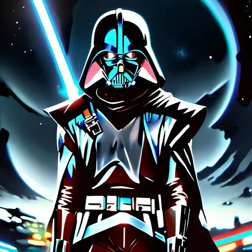 Prompt: anime style, (dark color scheme), outlaw characters from Star Wars, unique poses, rebellious vibes, high-contrast shadows, moody atmosphere, intricate details in character design, dynamic expressions, depth in lighting, (vibrant highlights), ultra-detailed artwork, dramatic ambiance, sci-fi elements, thematic background reflecting a galactic setting.