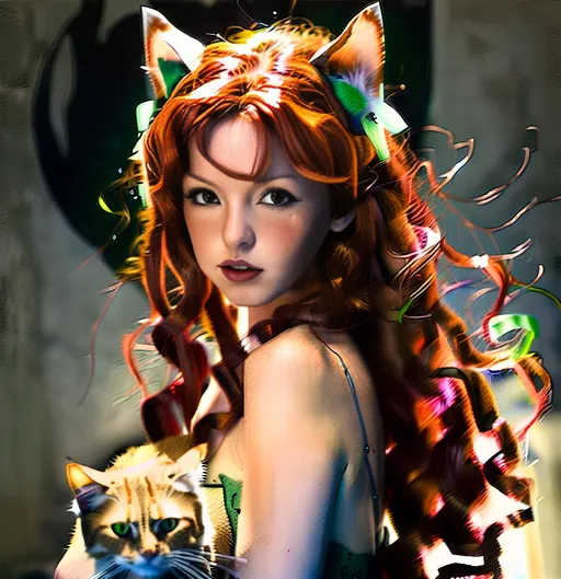 Prompt: Japanese illustration of a Celtic woman with cat ears and tail, long red curly hair, detailed green eyes,  delicate, beautiful, artistic, diffused lighting, detailed