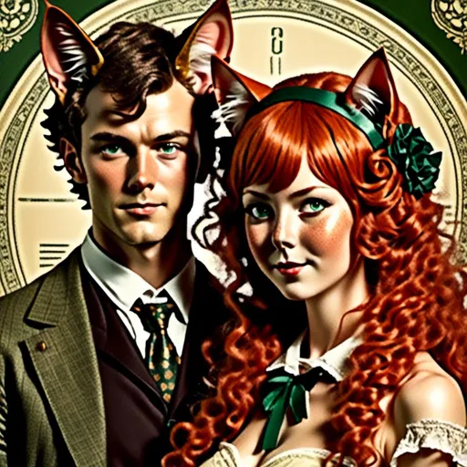 Prompt: <mymodel>couple with cat ears in vintage lithograph style, 1920's advertisement tools, matching cat ears to hair color, extremely detailed,  lithograph, detailed hair, intricate clothing,  high quality, vintage, detailed cat ears, historical, sepia lighting