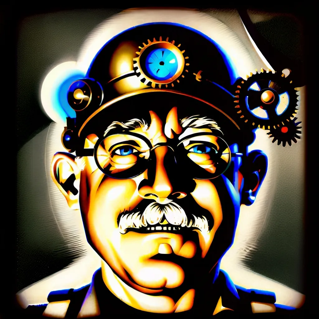 Prompt: (Humorous portrait), steampunk style, caricature drawing, black and white scheme, detailed facial features, expressive eyes, exaggerated pleasant smile, vintage military attire, quirky accessories, Iron gears and machinery in the background, cozy ambiance, ultra-detailed, engaging composition that blends humor and artistry, creating a captivating visual narrative.