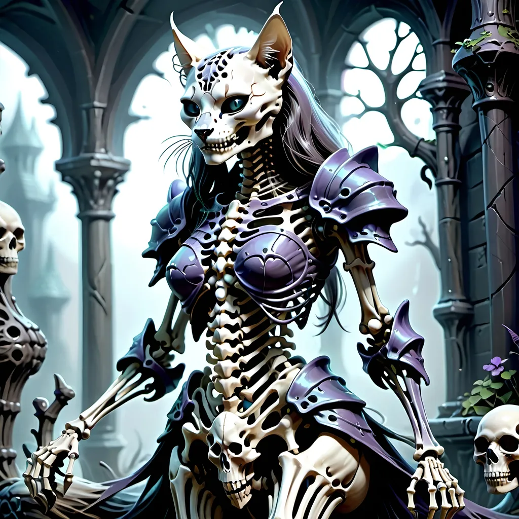 Prompt: skeletal bone Queen, dark color scheme, (fantasy RPG style), mysterious atmosphere, eerie background, intricate detailed armor, feline features woven into the design, dynamic pose, shadows and highlights emphasizing depth, high-adrenaline scene, (4K), ultra-detailed, magical aura surrounding the character, enchanting yet ominous vignette, dramatic composition.