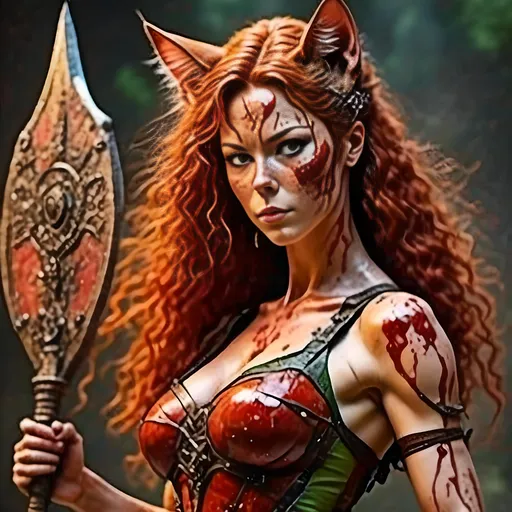 Prompt: <mymodel> (realism style), a Large well muscled battle scared warrior lady with a shield and a Battle Axe, covered in red jelly and dirt, softly lit, (high depth), ultra-detailed, harmonious composition appealing to the senses.