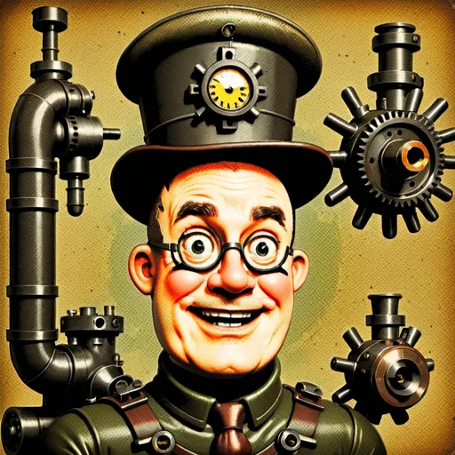 Prompt: (Humorous portrait), steampunk style, caricature drawing, pencil color  scheme, detailed facial features, expressive eyes, exaggerated pleasant smile, vintage military attire, quirky accessories, Iron gears and machinery in the background, cozy ambiance, ultra-detailed, engaging composition that blends humor and artistry, creating a captivating visual narrative.