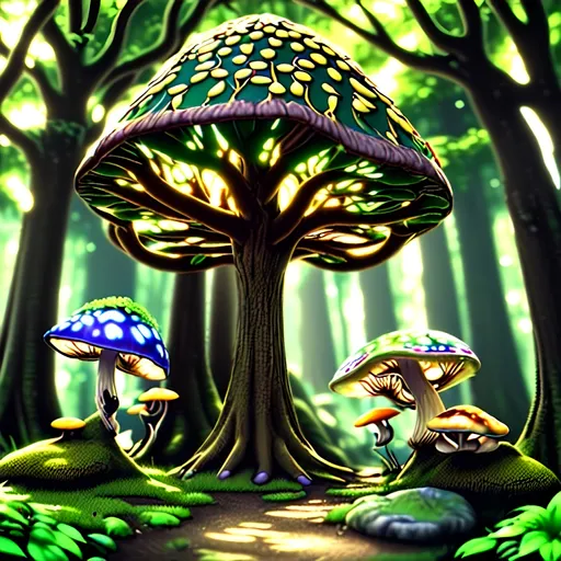 Prompt: (photorealistic style), lush Hyrule, vibrant warm colors, enchanting atmosphere, sunlight filtering through dense foliage, soft glowing mushrooms, serene winding path, magical fauna, mystical creatures peeking from behind trees, deep green foliage with golden highlights, ultra-detailed, immersive landscape, tranquil ambiance, adventurous spirit, ideal for storytelling backgrounds.