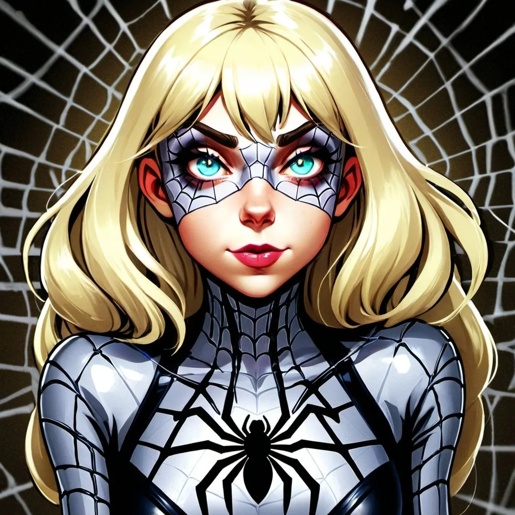 Prompt: Anime style, Gwendolyne Maxine "Gwen" Stacy , Anthropomorphic spider girl, full body view, best quality, expressive eyes, glowing, luminous, perfect face, 1 woman, spider transformation, blond  hair, spider web,