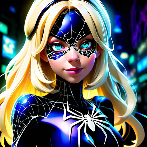 Prompt: Anime style, Gwendolyne Maxine "Gwen" Stacy , Anthropomorphic spider girl, full body view, best quality, expressive eyes, glowing, luminous, perfect face, 1 woman, spider transformation, blond  hair, spider web,