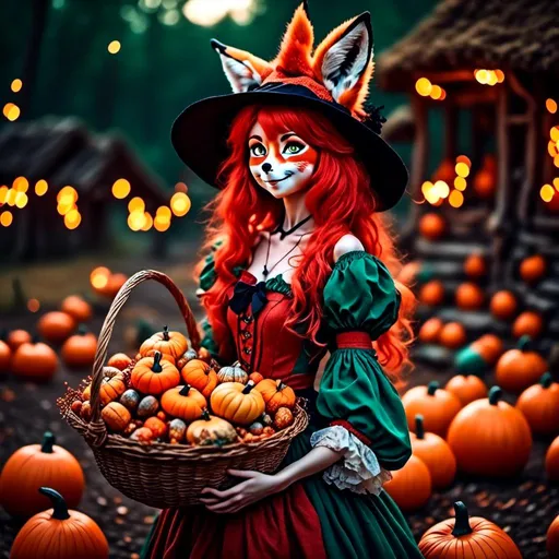 Prompt: <mymodel>(mymodel) Red Foxy Dressed as a Witch, anime style, (pastel color scheme), enchanting scene, whimsical atmosphere, offering a giant basket of candy corns and candy corn pumpkins, joyful children excitedly reaching for treats, magical twilight background, soft lighting, dreamy vibe, ultra-detailed, vibrant candy colors, full of charm and delight.