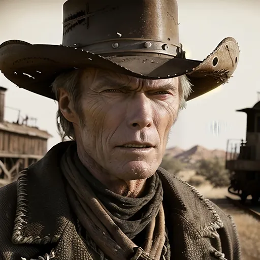 Prompt: Clint Eastwood as Johnna Hex Scar Partial closing half of his mouth, 
Old West Scene, Gunfight at High Noon, Wild West Town, Train on the Horizon  