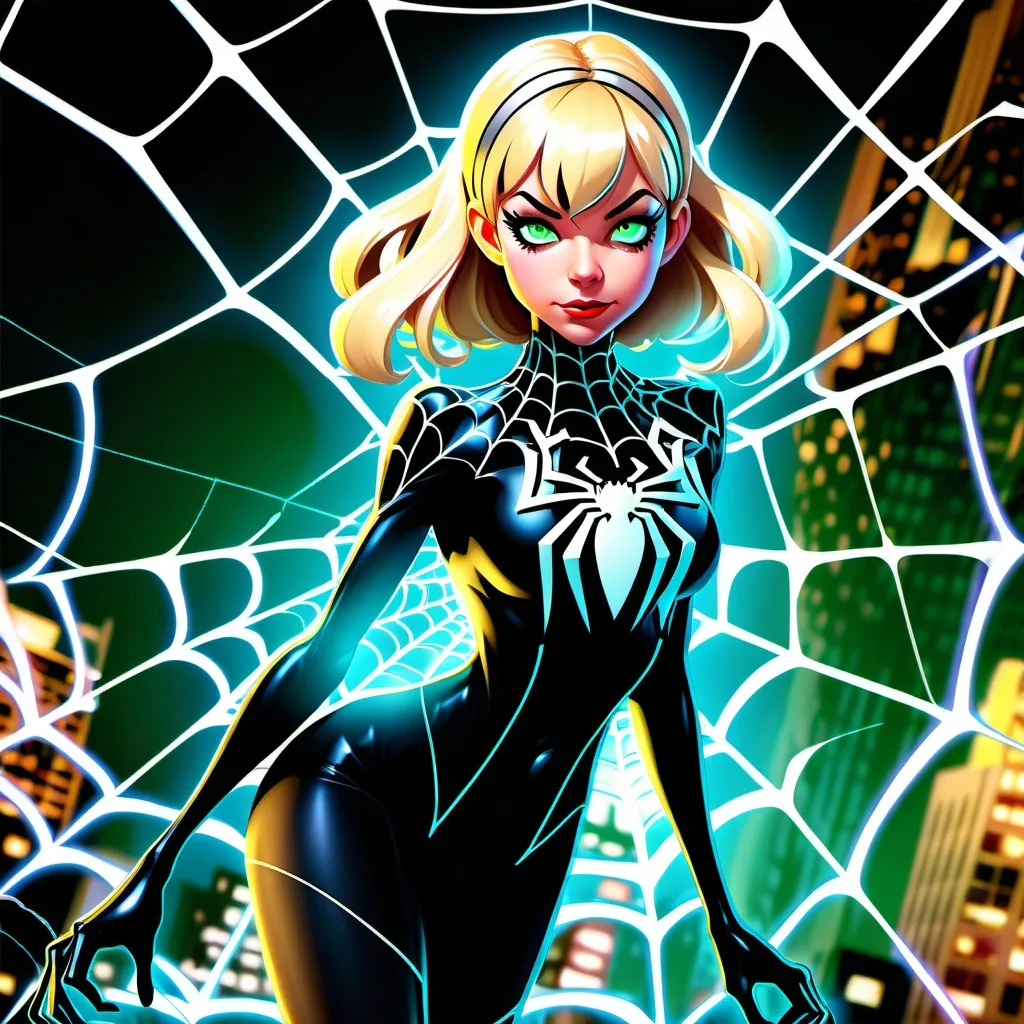 Prompt: Anime style, Gwendolyne Maxine "Gwen" Stacy , Anthropomorphic spider girl, full body view, best quality, expressive eyes, glowing, luminous, perfect face, 1 woman, spider transformation, blond  hair, spider web,